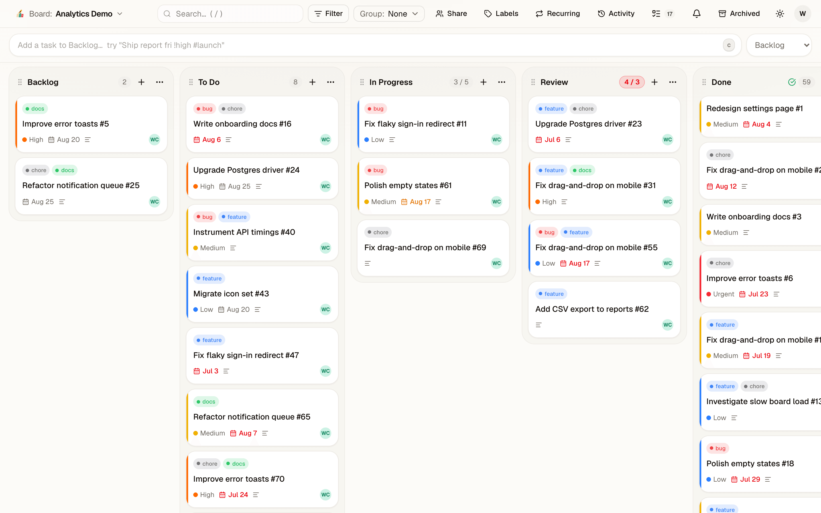 A Roost board with Backlog, To Do, In Progress, Review, and Done columns